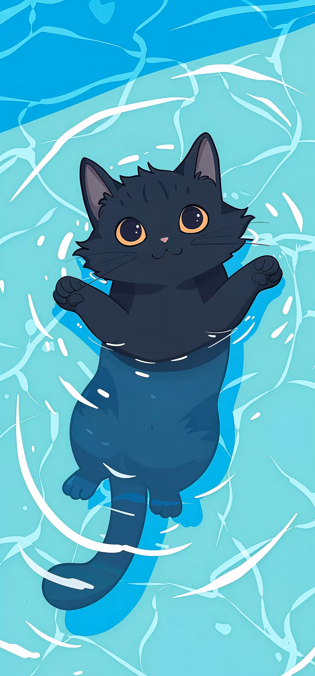 Cute Black Cat Floating in Swimming Pool Anime Illustration — vertical 🐱 cat 4K wallpaper