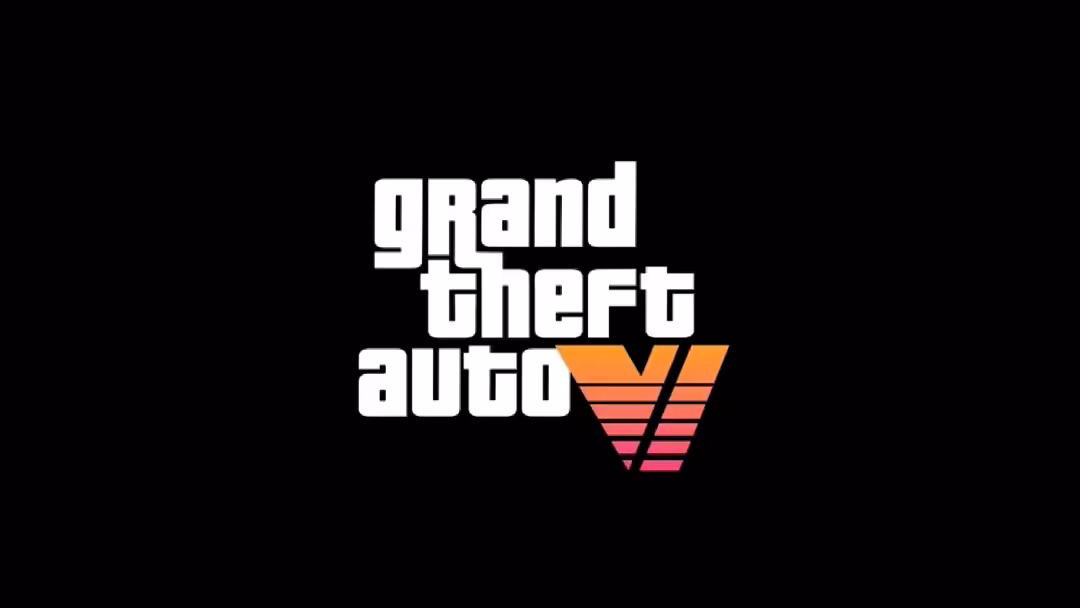 GTA VI logo featuring white text with orange and red gradient geometric V symbol on black background