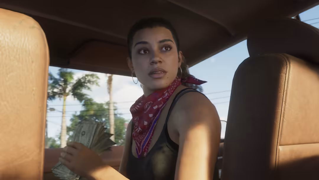 Character sitting inside a car holding cash with a serious expression, palm trees visible through the window in tropical sett