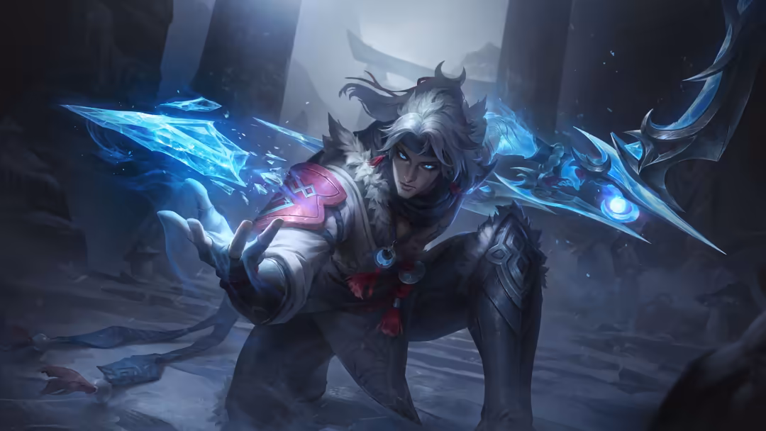 Dark fantasy warrior with white hair and horns wielding glowing blue magical weapons in snowy ruins with mystical energy effe
