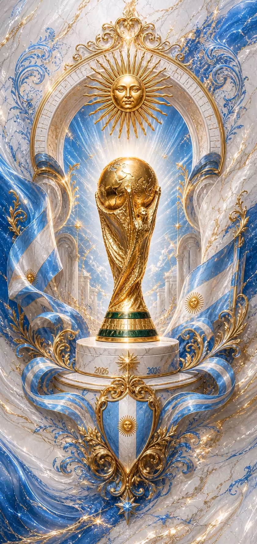 Golden FIFA World Cup trophy displayed on marble pedestal with ornate baroque frame, celestial sun face and blue swirling pat