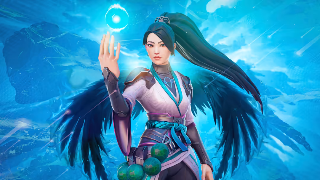 Sage from Valorant channeling mystical cyan energy with ethereal wings spread, surrounded by glowing orbs and magical aura in