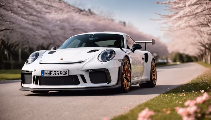 White Porsche GT2 RS Cherry Blossoms