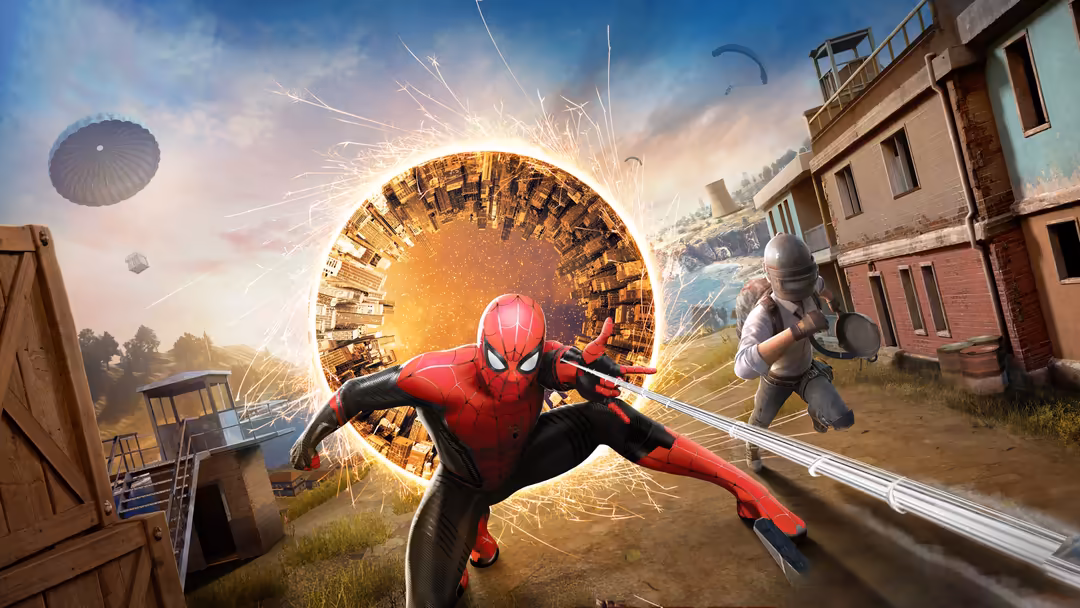 Dynamic PUBG battle scene with red-clad character in action pose, golden portal effect, paragliders, and rustic buildings in