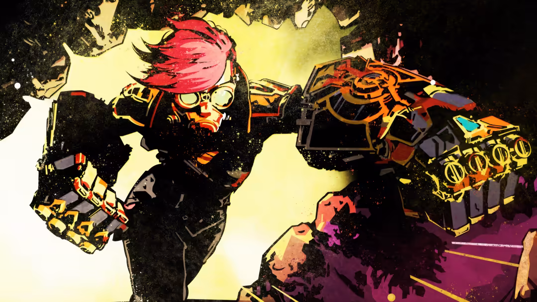 Vibrant portrait of Vi from Arcane with pink hair, mechanical gauntlets, and neon yellow-black aesthetic against dynamic colo