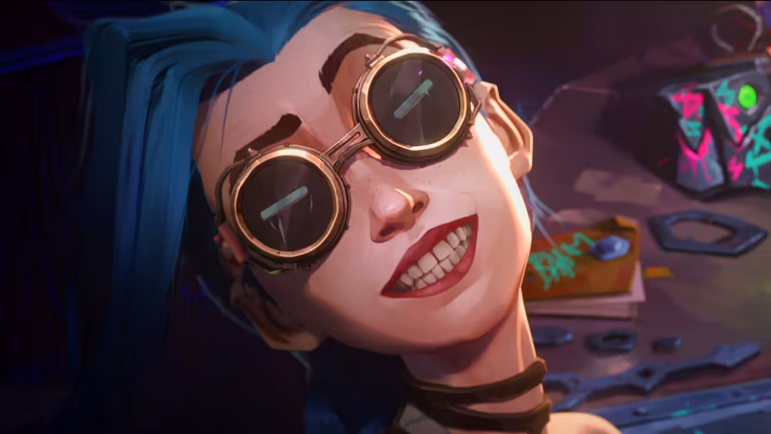 Animated character with blue hair wearing steampunk-style circular goggles with glowing lenses, bright red lips, and neon gra