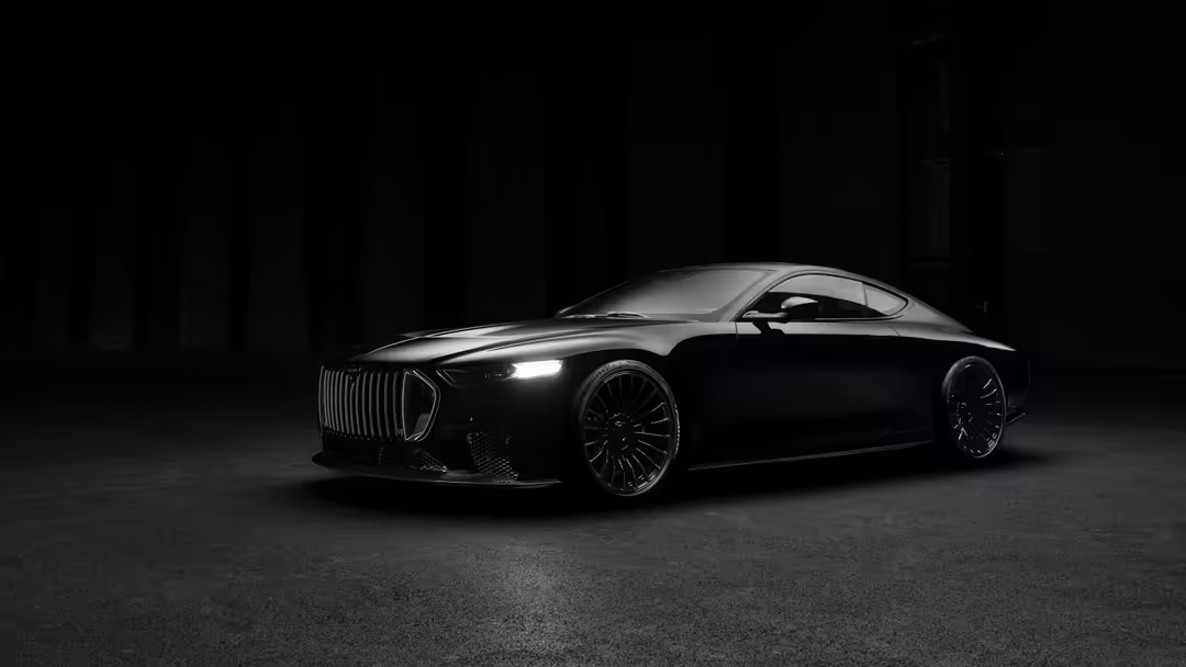 Sleek black luxury sports car with distinctive vertical grille and LED headlights showcased against dark background with dram