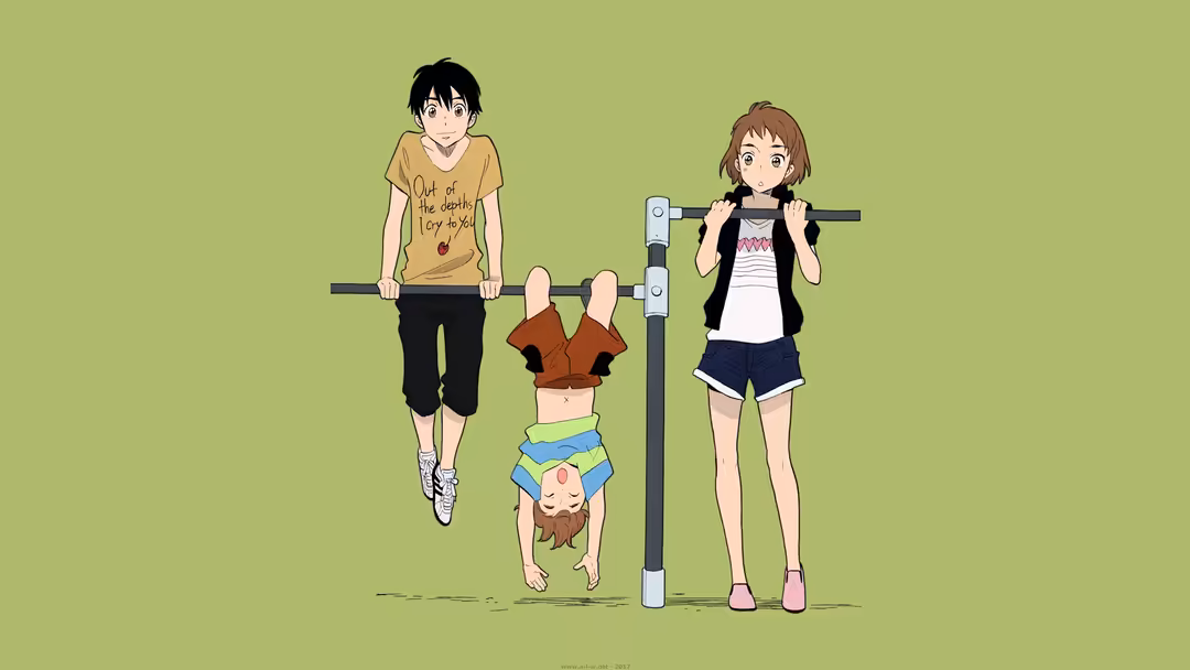 Three anime children hanging and playing together on a horizontal bar against a soft green background, depicting joyful frien