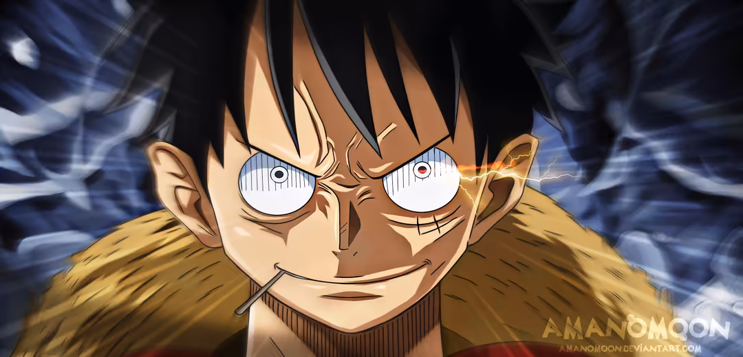 Anime character with spiky dark hair and wide determined eyes glowing with white intensity, wearing a brown jacket against a
