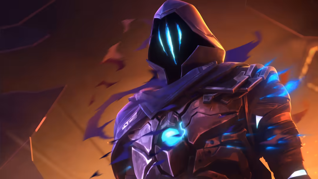 Futuristic hooded warrior with glowing cyan eyes and neon-lit armor in purple and blue tones against warm orange background