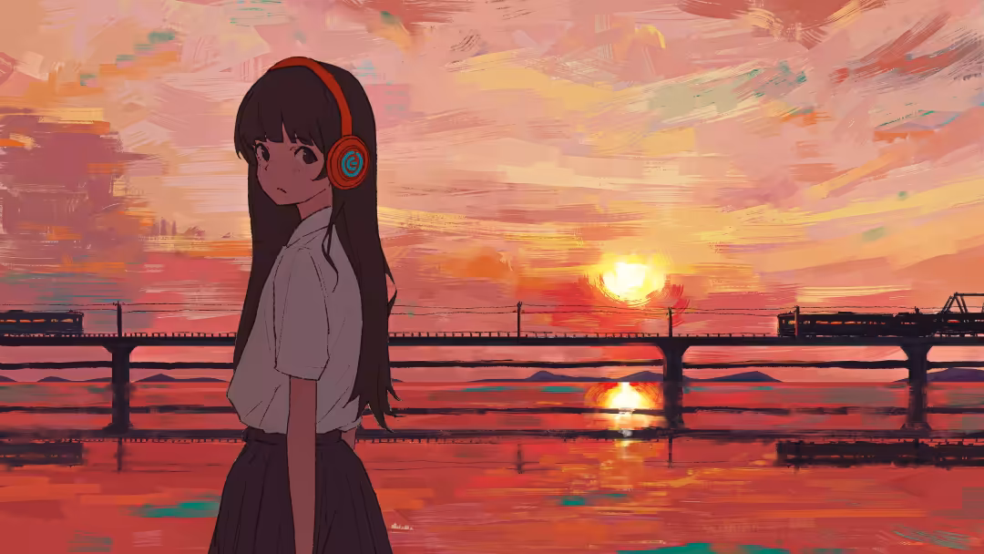 Anime girl with long dark hair wearing red headphones standing on a bridge overlooking a vibrant golden-orange sunset over wa