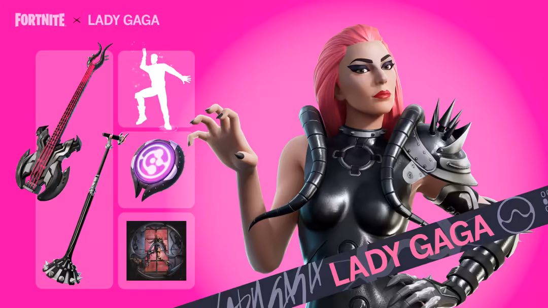 Fortnite Lady Gaga character with pink hair in black armor suit holding spiked gauntlets against vibrant magenta background