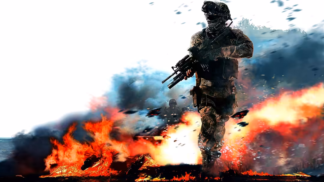 Tactical soldier in combat gear wielding assault rifle standing amid massive explosions and fiery flames in dramatic battlefi