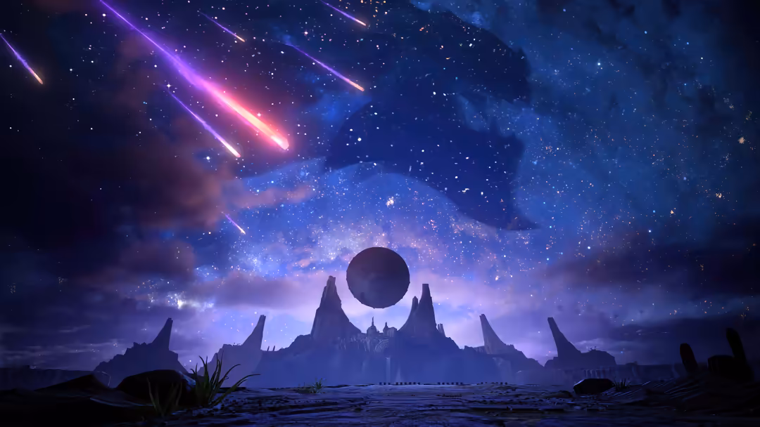 Alien palace silhouette under a dark eclipse moon with purple meteor shower streaking across a starry cosmic sky