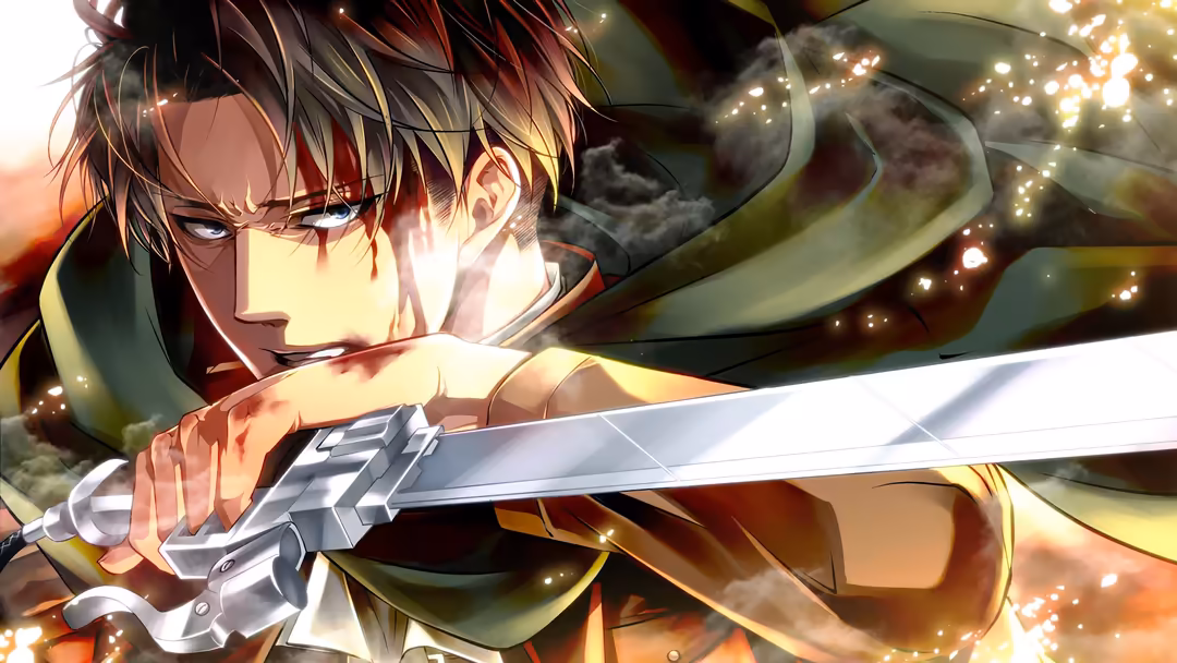 Levi Ackerman wielding a glowing sword in dynamic combat pose with intense expression against a dark atmospheric background w