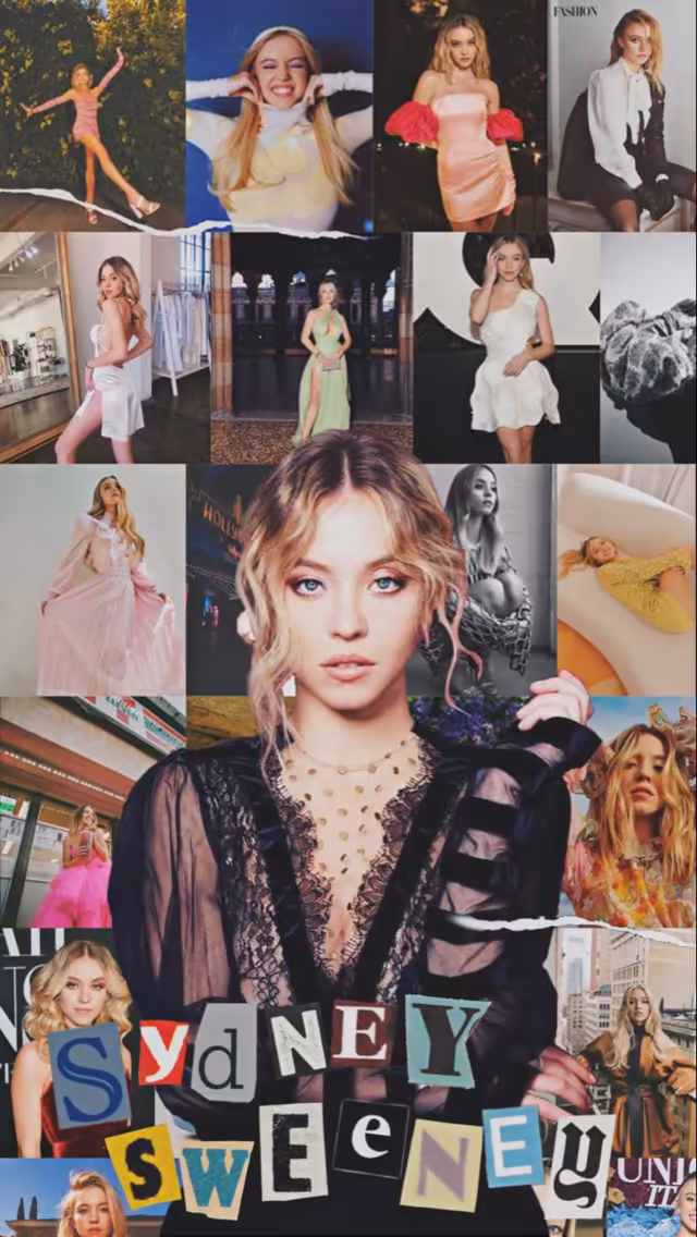 Sydney Sweeney fashion editorial collage featuring multiple portrait shots in pink, black, and white tones with stylized text