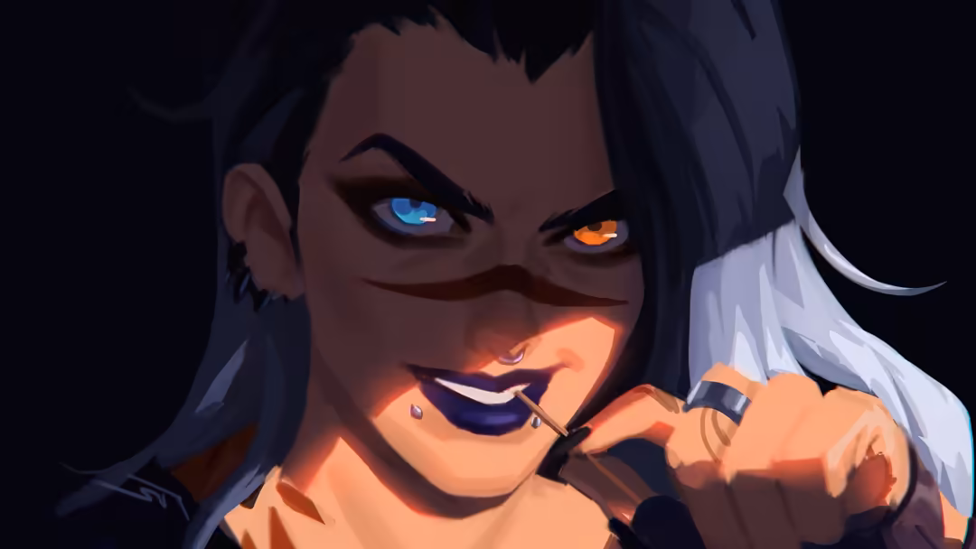 Animated portrait of Fade from Valorant with mismatched glowing eyes, dark hair, and glowing orange facial markings against a