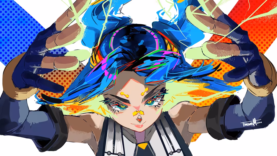 Colorful anime character with vibrant neon blue and orange hair, wearing headphones with electric effects and bold graphic el
