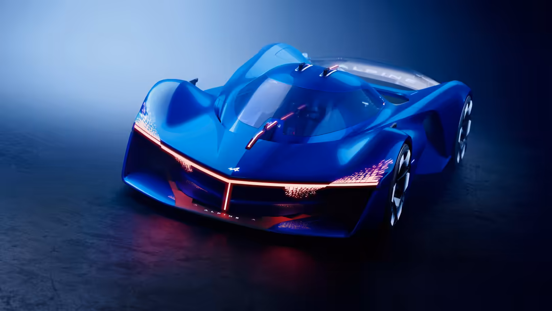 Sleek futuristic sports car with glowing blue body and neon red accents displayed against a dark textured background