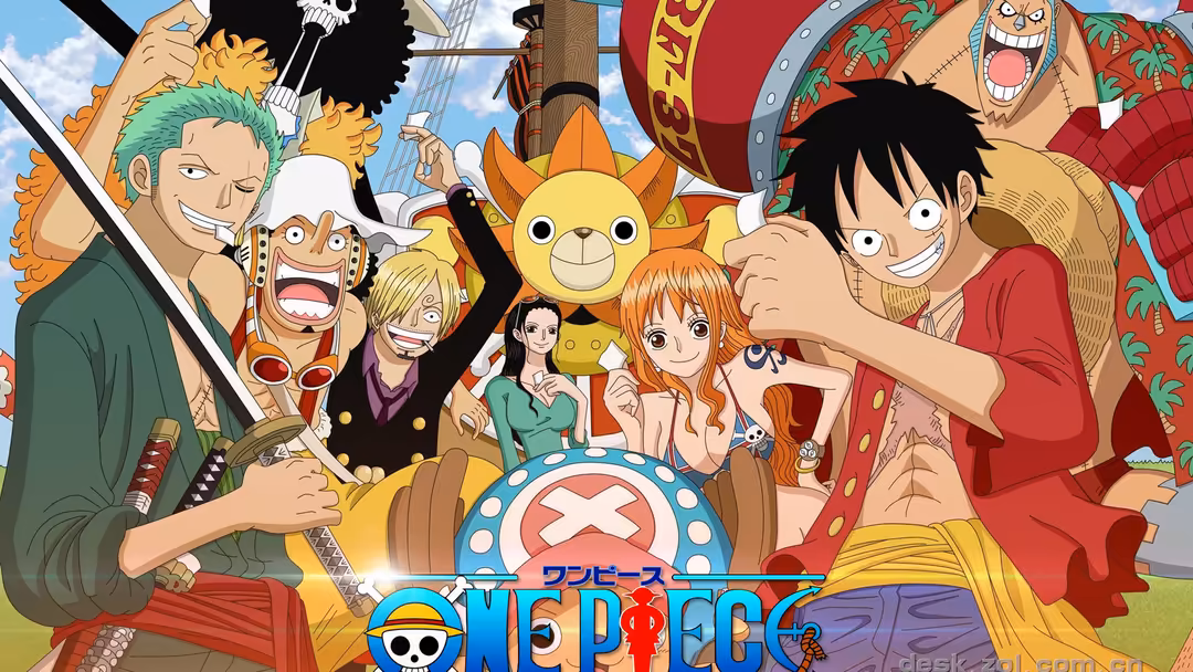 Monkey D. Luffy and his pirate crew from One Piece anime, featuring characters with weapons and the iconic Jolly Roger flag i