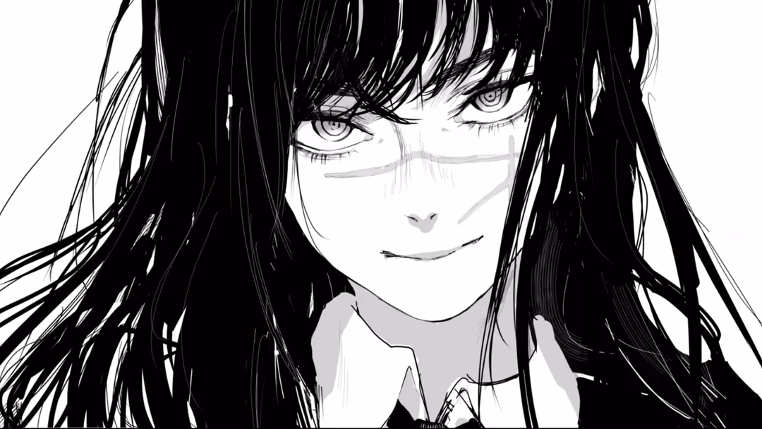 Makima with long flowing black hair and intense eyes in a black and white manga illustration style with detailed pen strokes