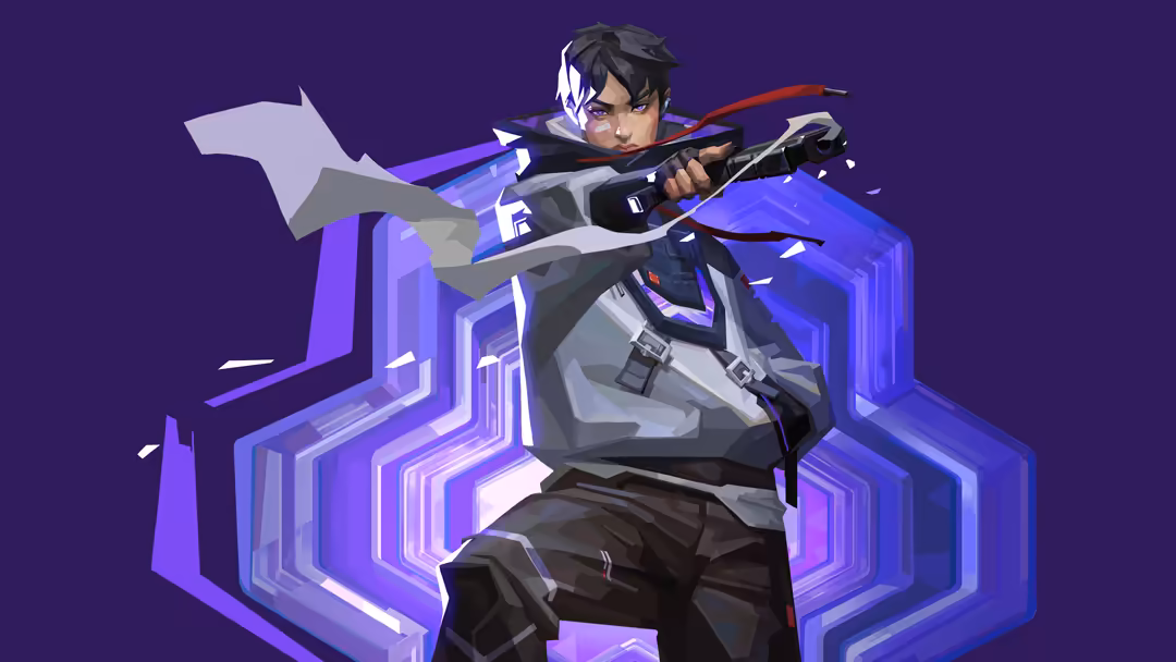 Animated character Iso from Valorant in tactical gear wielding weapon, surrounded by neon purple geometric shapes and glowing