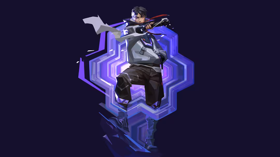 Isometric illustration of a tactical game character in neon purple geometric shape, wielding weapons in action pose against d