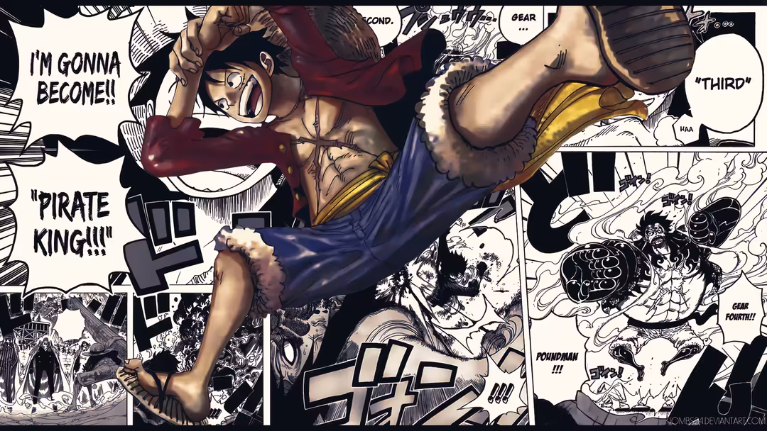 Manga panel featuring Monkey D. Luffy with determined expression, wearing his signature red shirt and blue shorts, engaged in