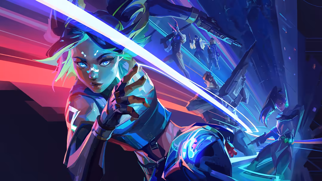 Valorant characters in neon-lit futuristic setting with glowing cyan and magenta lights, tactical team in dynamic action pose