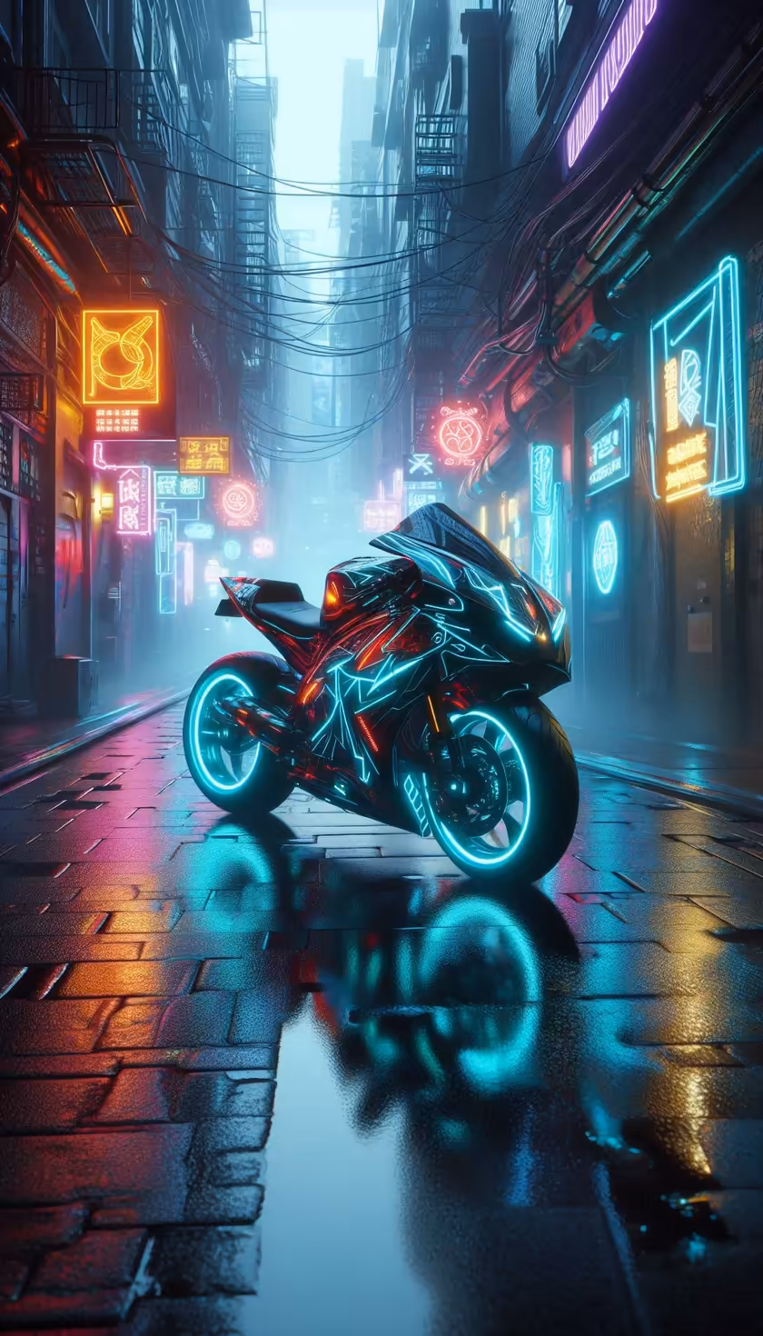 Futuristic neon motorcycle glowing with cyan and red lights in a cyberpunk city street with neon signs and wet pavement