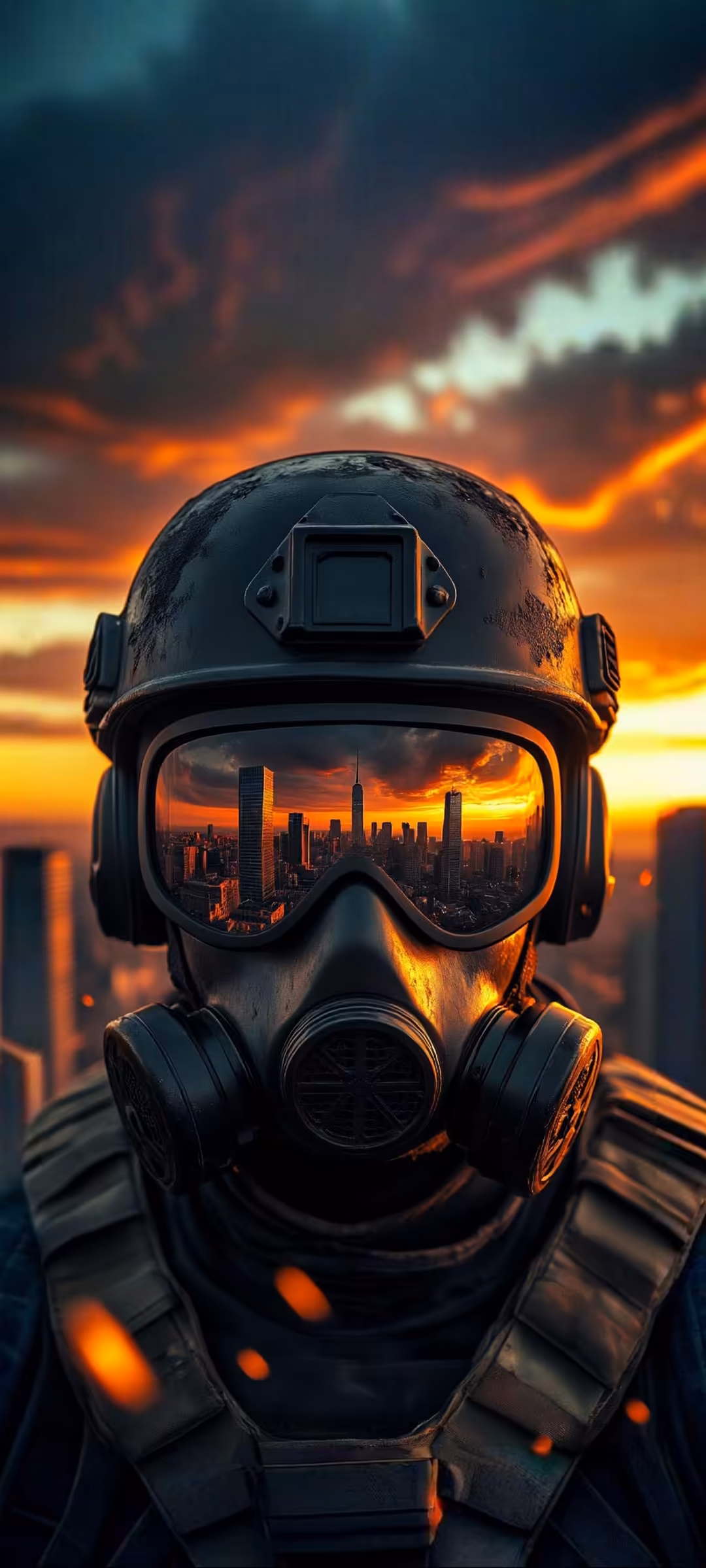 Soldier in gas mask and helmet with city skyline reflected in visor against dramatic orange sunset sky