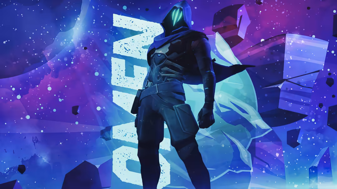 Futuristic character Omen in dark tactical suit with glowing cyan accents, surrounded by purple and blue neon geometric shape