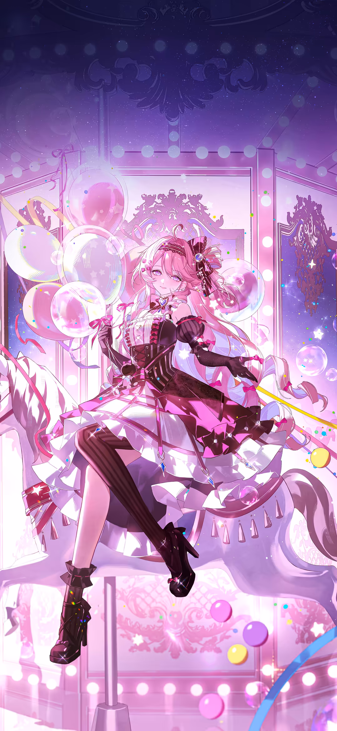 Anime character Denia performing on a neon-lit stage surrounded by glowing pink and purple orbs, with ornate decorative eleme