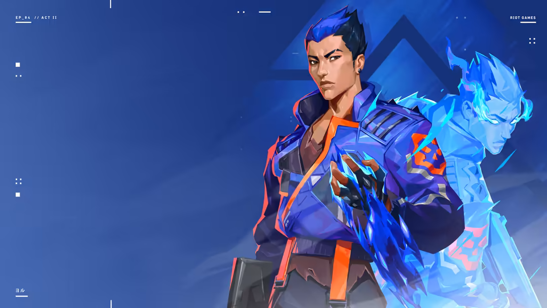 Yoru Valorant agent in blue neon armor with glowing ice powers, cyberpunk gaming character art on deep blue gradient backgrou
