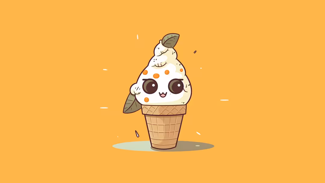 Adorable kawaii ice cream cone character with big sparkly eyes and smiling face against warm golden yellow background