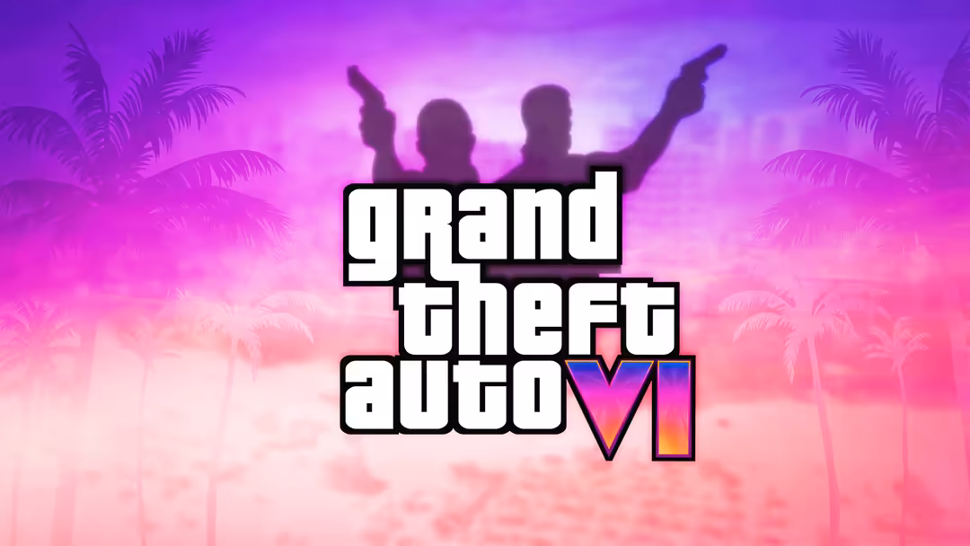 GTA VI logo with neon pink and purple gradient, silhouetted figures with raised arms against palm trees and tropical sunset b