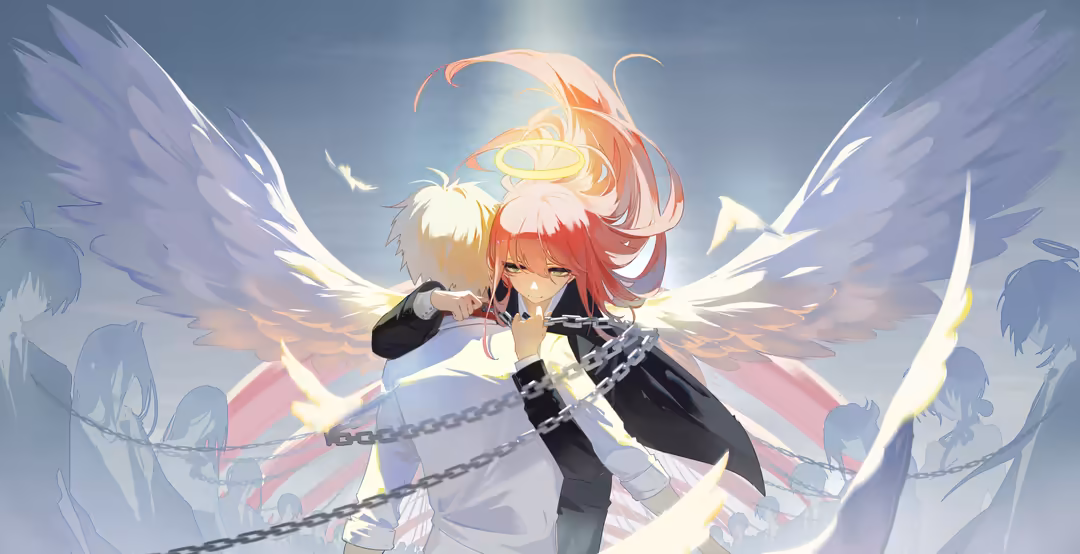 Anime character with red hair and golden halo surrounded by large white wings, holding chains with glowing yellow light…