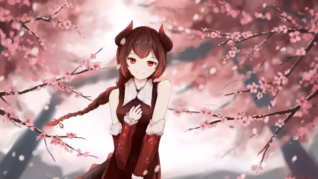 Anime girl with red eyes and dark hair standing among blooming cherry blossoms in soft pink tones, wearing a burgundy traditi