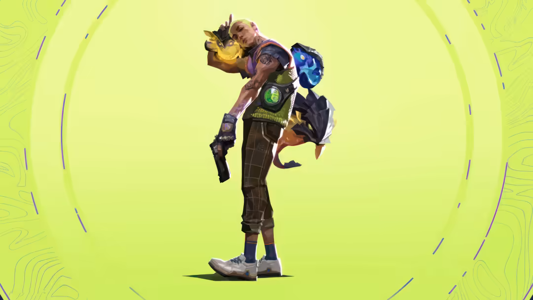 Gekko character from Valorant standing against vibrant neon green background with circular design elements