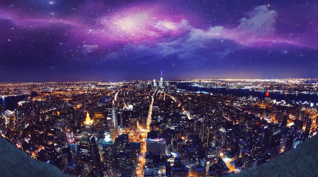 Aerial view of New York City at night with glowing purple and pink neon lights illuminating towering skyscrapers, rivers, and