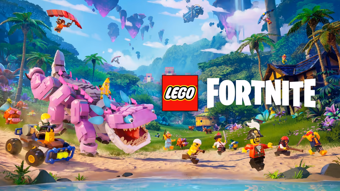 Colorful Lego Fortnite scene with pink dragon, minifigure characters, tropical island landscape, and floating islands in sky