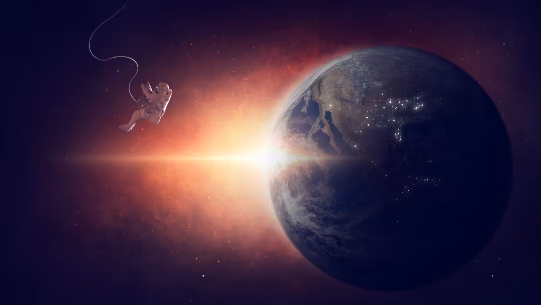 Astronaut floating in space above Earth with a bright sun rising over the planet's horizon and stars scattered throughout the