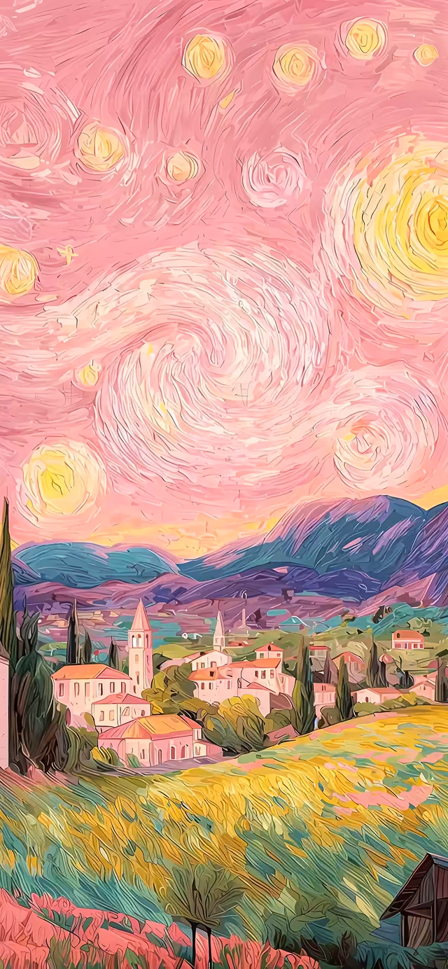 Pink Starry Village Landscape Painting