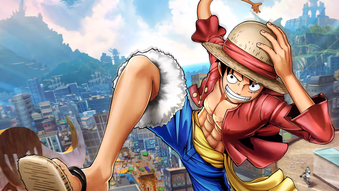 Anime character Monkey D. Luffy in red shirt and straw hat, striking a dynamic pose above a sprawling cityscape with mountain