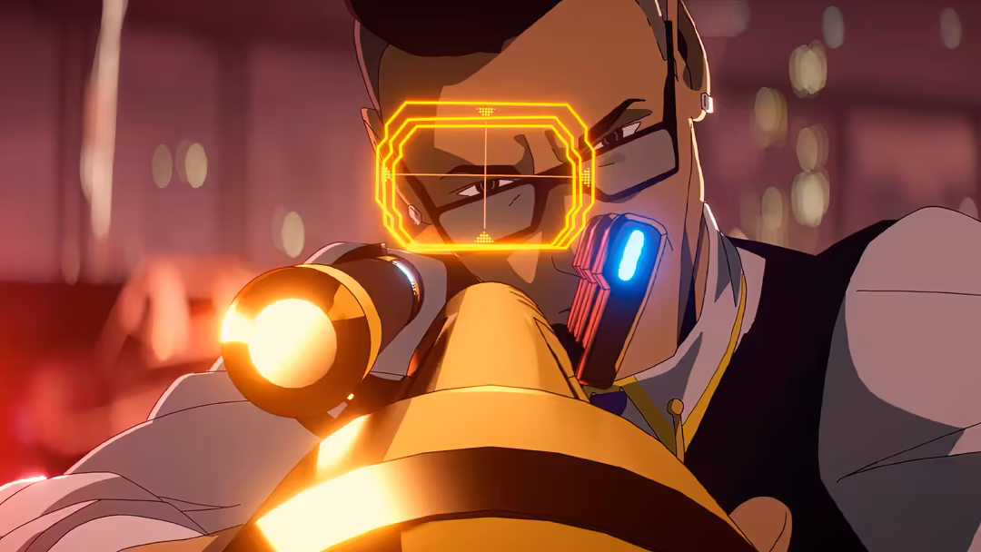 Anime-style character Chamber from Valorant Champions with glowing neon yellow headgear and blue accent lights against pink b