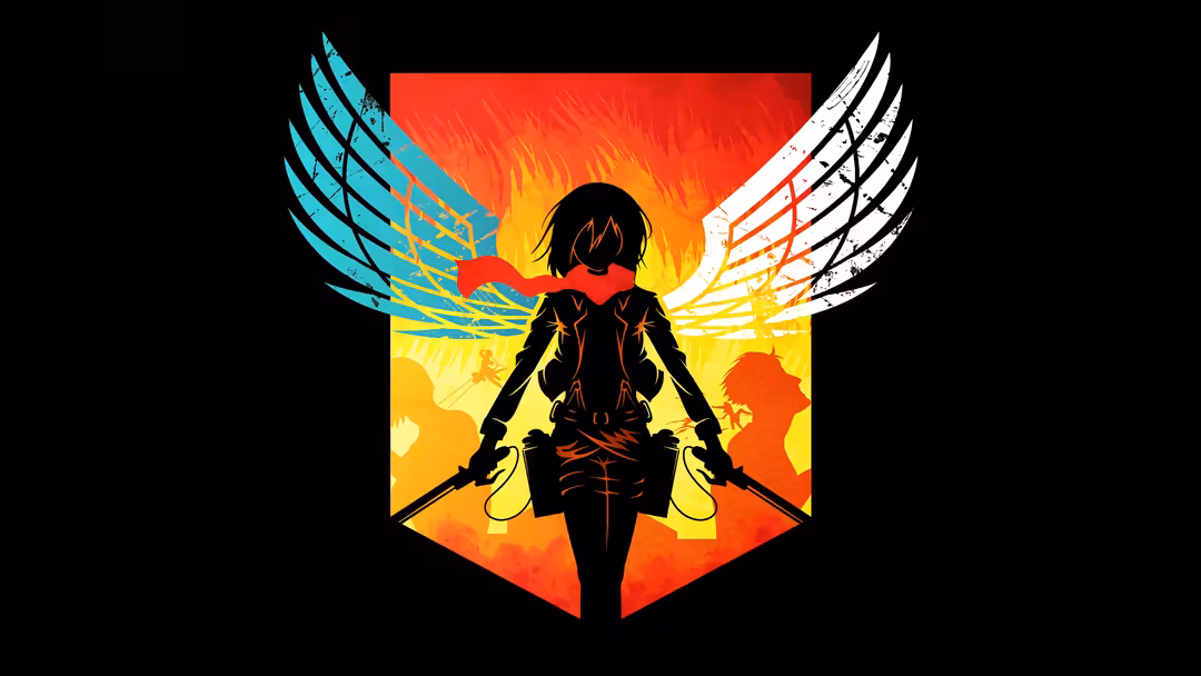 Anime warrior Mikasa Ackerman in dark outfit with dual blades, dramatic winged silhouette backdrop with red and yellow glowin