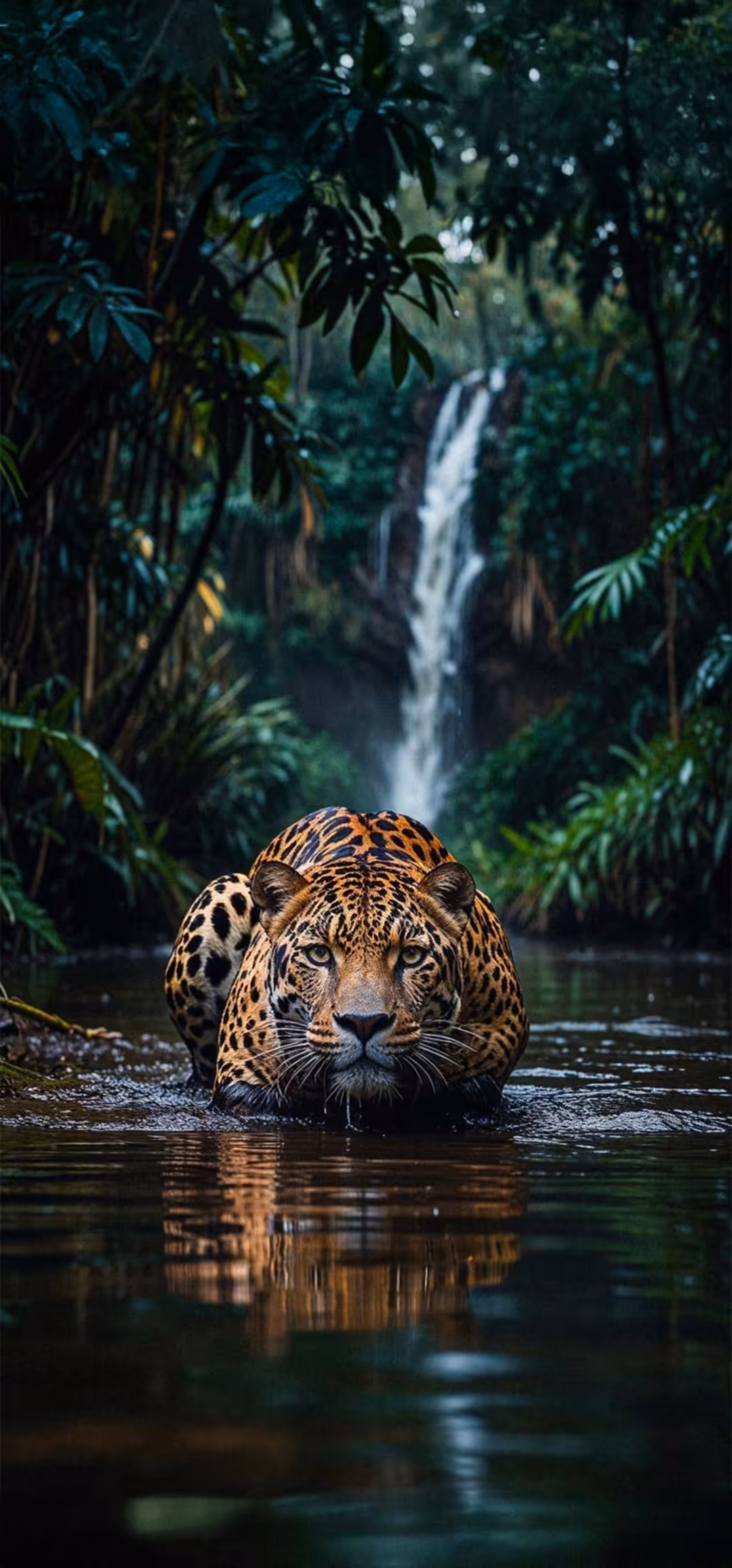 Jaguar Swimming Jungle Waterfall — vertical big cats Full HD wallpaper