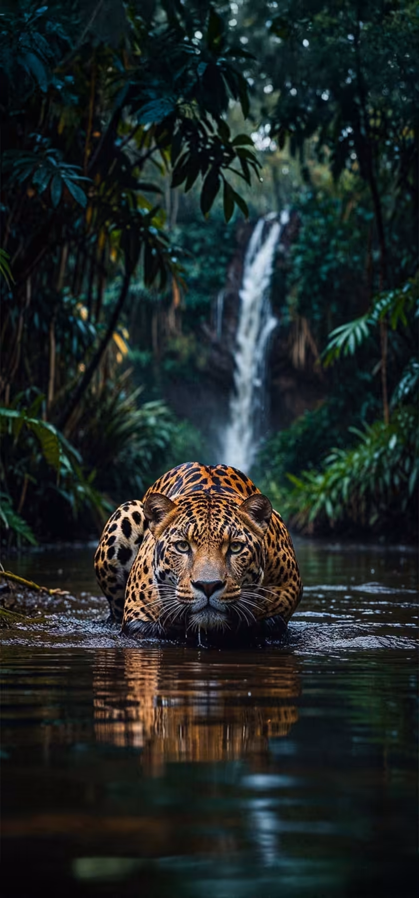Jaguar Swimming Jungle Waterfall