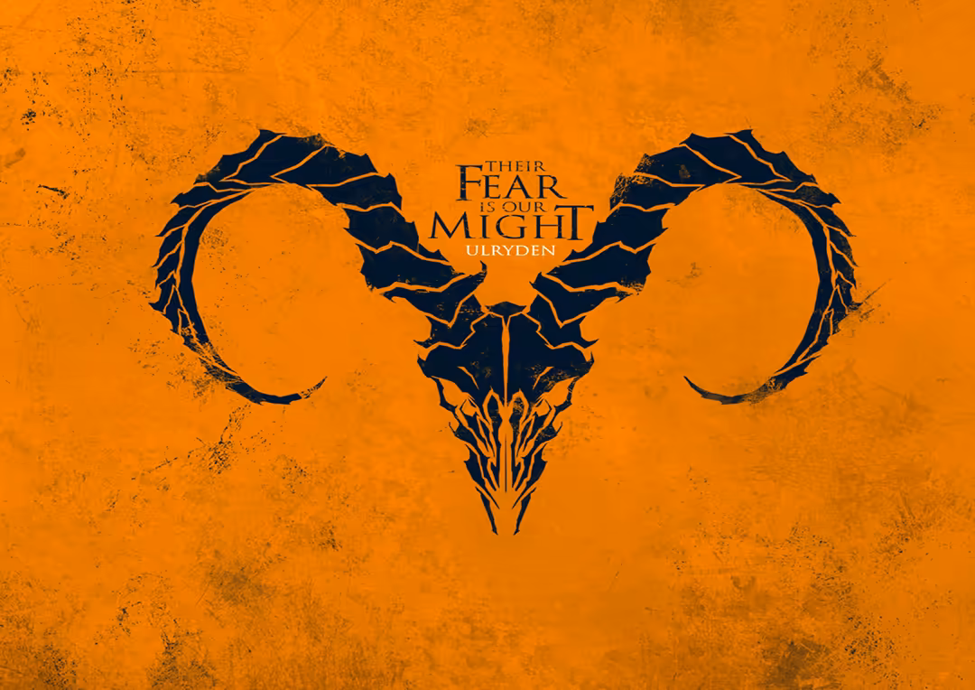 Dark demon skull with curved horns against textured orange grunge background with dramatic atmosphere