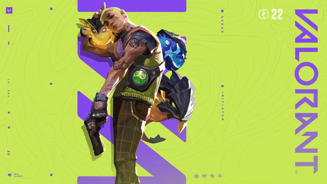Gekko character from Valorant in neon green and purple aesthetic with radiant energy effects and futuristic gaming design